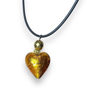 Gold & Amber Glass Heart Pendant Cord Choker Necklace